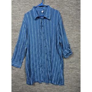ElanGauze Button-Up Tunic Shirt Womens Size XL Blue Striped Roll Tab Sleeve